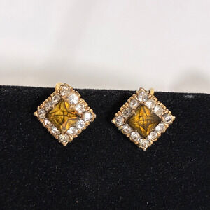 Vintage Rhinestone Earrings Vargas Square Amber White Screw Back 3/8" Gold Tone